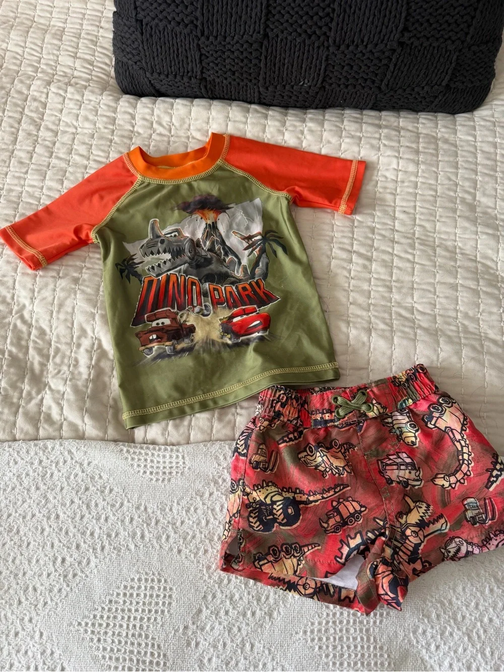 Disney Kids Dino Park Rashguard & Swim Shorts Set - Olive Green & Orange & Red